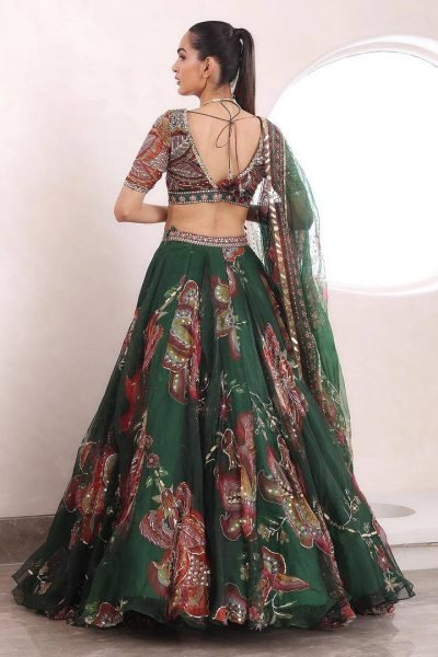 Modern Dark Green Star Georgette Lehenga with Digital Print and Sequin Work for Festival Designer Lehenga Choli
