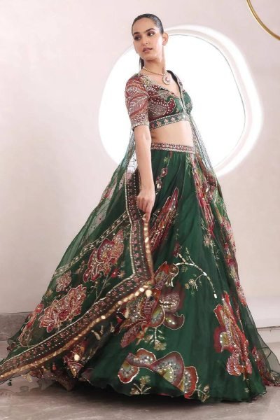 Modern Dark Green Star Georgette Lehenga with Digital Print and Sequin Work for Festival Designer Lehenga Choli