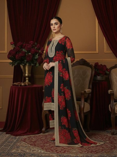 Modern Digital Print Faux Georgette Top Plazzo Dupatta Set for Party Wear 