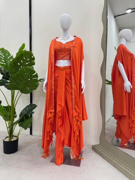 Festive Orange Dhoti Set with Designer Shrug Perfect for Wedding Guests Ready To Wear Collection
