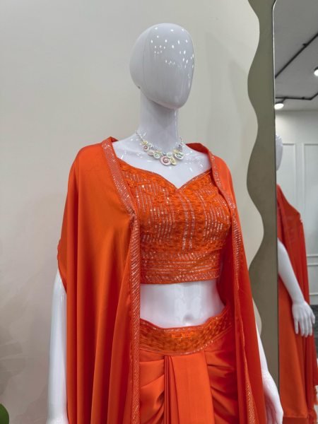 Festive Orange Dhoti Set with Designer Shrug Perfect for Wedding Guests Ready To Wear Collection