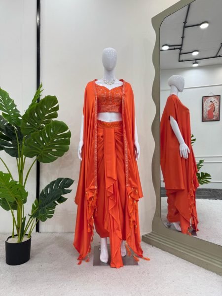 Festive Orange Dhoti Set with Designer Shrug Perfect for Wedding Guests Ready To Wear Collection