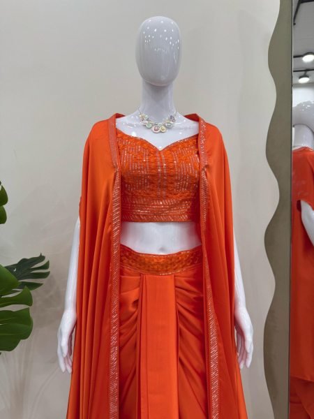 Festive Orange Dhoti Set with Designer Shrug Perfect for Wedding Guests Ready To Wear Collection