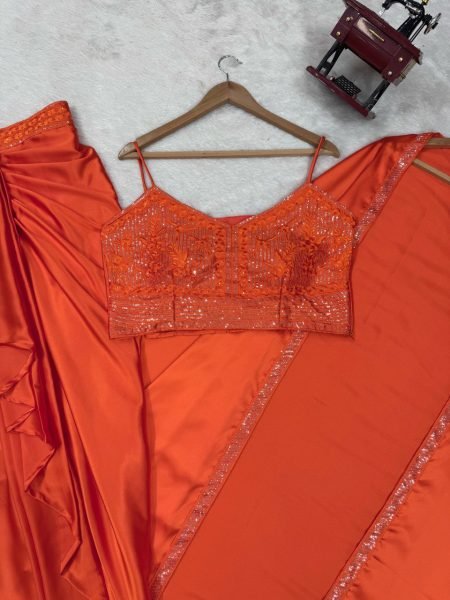 Festive Orange Dhoti Set with Designer Shrug Perfect for Wedding Guests Ready To Wear Collection