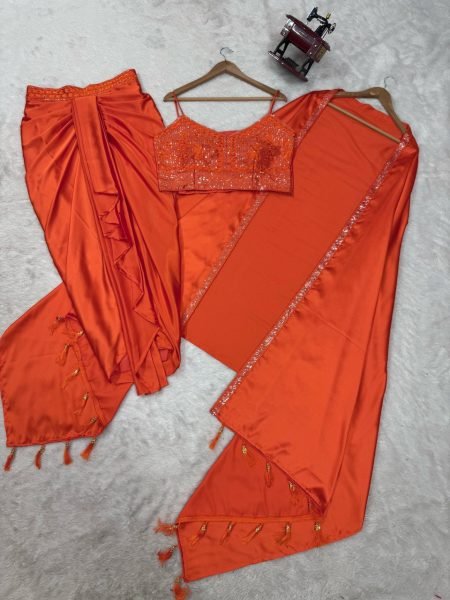 Festive Orange Dhoti Set with Designer Shrug Perfect for Wedding Guests Ready To Wear Collection