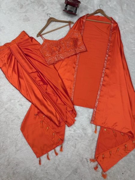 Festive Orange Dhoti Set with Designer Shrug Perfect for Wedding Guests Ready To Wear Collection
