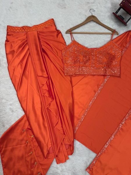 Festive Orange Dhoti Set with Designer Shrug Perfect for Wedding Guests Ready To Wear Collection