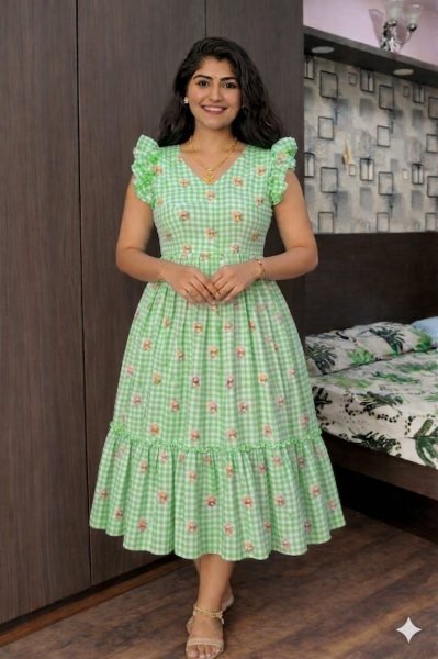 Modern Green Chanderi Cotton Silk Printed Gown with 3.30 Meter Flair for Festive Wea Printed Kurtis