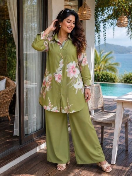Modern Green Designer Butter Silk Shirt Co Ord Set with Palazzo For Daily Wear Kurtis