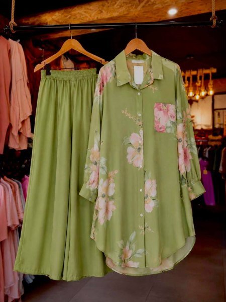 Modern Green Designer Butter Silk Shirt Co Ord Set with Palazzo For Daily Wear CO ORD Sets