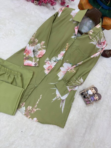 Modern Green Designer Butter Silk Shirt Co Ord Set with Palazzo For Daily Wear CO ORD Sets