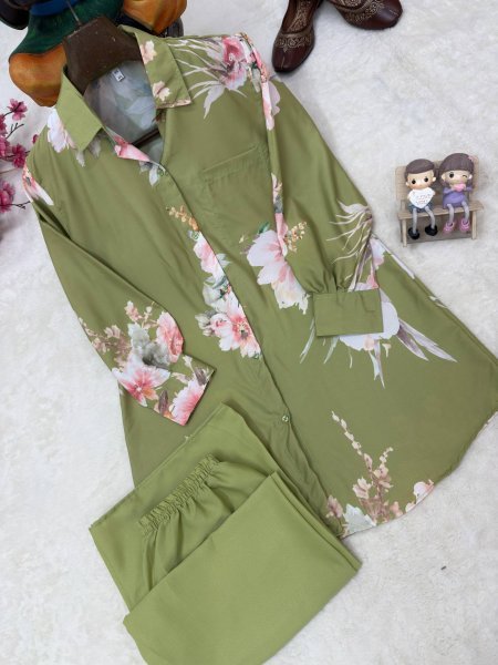 Modern Green Designer Butter Silk Shirt Co Ord Set with Palazzo For Daily Wear CO ORD Sets