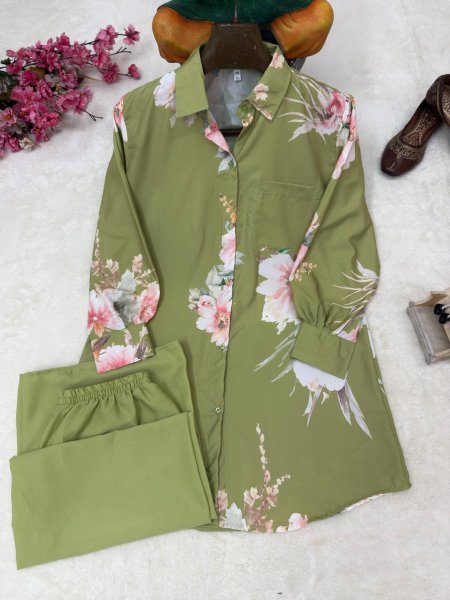Modern Green Designer Butter Silk Shirt Co Ord Set with Palazzo For Daily Wear CO ORD Sets