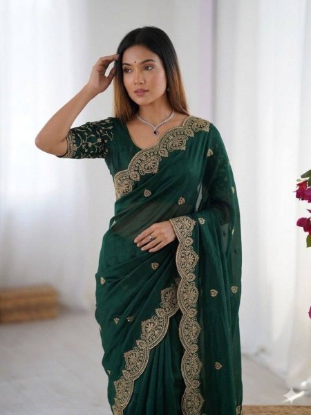 Modern Green Designer Saree With Blouse Pice for Women Festive Collection Embroidery Sarees Wholesale