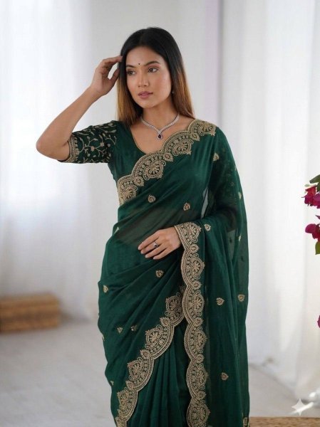 Modern Green Designer Saree With Blouse Pice for Women Festive Collection Embroidery Sarees Wholesale