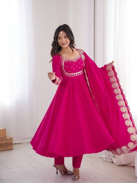 Modern Hot Pink Designer Roman Silk Gown with Heavy Micro Cotton Inner at Wholesale Rate