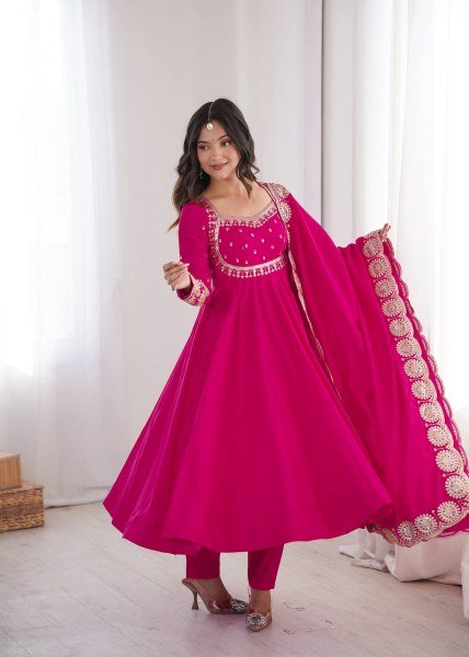 Modern Hot Pink Designer Roman Silk Gown with Heavy Micro Cotton Inner at Wholesale Rate Ready To Wear Collection