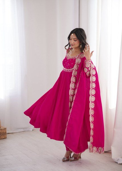 Modern Hot Pink Designer Roman Silk Gown with Heavy Micro Cotton Inner at Wholesale Rate Ready To Wear Collection