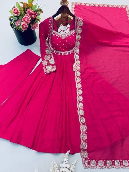 Modern Hot Pink Designer Roman Silk Gown with Heavy Micro Cotton Inner at Wholesale Rate Ready To Wear Collection