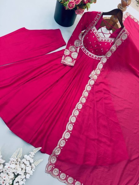 Modern Hot Pink Designer Roman Silk Gown with Heavy Micro Cotton Inner at Wholesale Rate Ready To Wear Collection