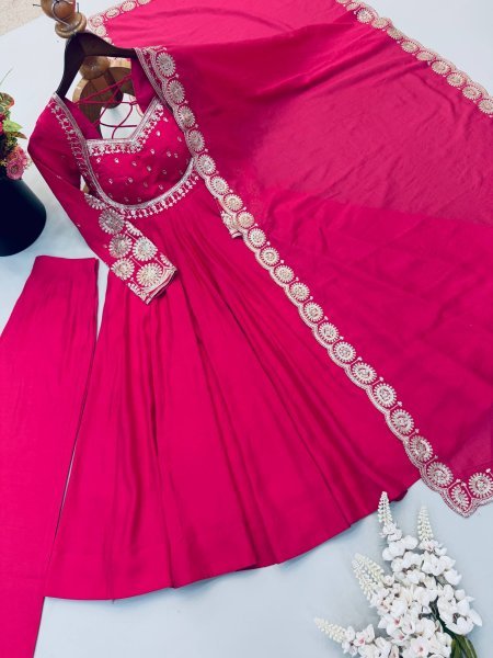 Modern Hot Pink Designer Roman Silk Gown with Heavy Micro Cotton Inner at Wholesale Rate Ready To Wear Collection