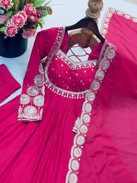 Modern Hot Pink Designer Roman Silk Gown with Heavy Micro Cotton Inner at Wholesale Rate Ready To Wear Collection