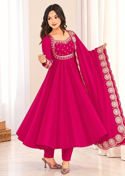 Modern Hot Pink Designer Roman Silk Gown with Heavy Micro Cotton Inner at Wholesale Rate Ready To Wear Collection