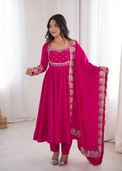Modern Hot Pink Designer Roman Silk Gown with Heavy Micro Cotton Inner at Wholesale Rate Ready To Wear Collection