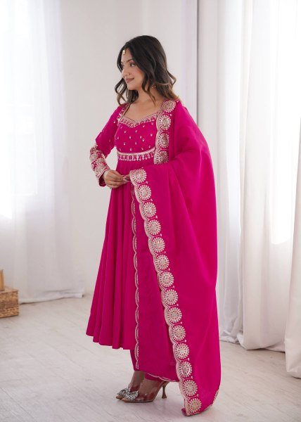 Modern Hot Pink Designer Roman Silk Gown with Heavy Micro Cotton Inner at Wholesale Rate Ready To Wear Collection
