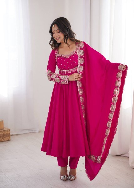 Modern Hot Pink Designer Roman Silk Gown with Heavy Micro Cotton Inner at Wholesale Rate Ready To Wear Collection