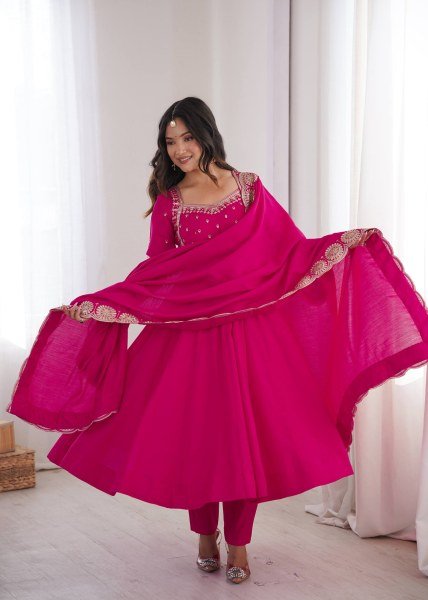 Modern Hot Pink Designer Roman Silk Gown with Heavy Micro Cotton Inner at Wholesale Rate Ready To Wear Collection