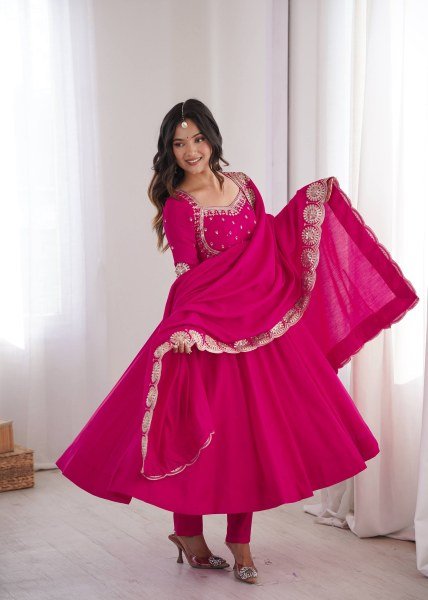 Modern Hot Pink Designer Roman Silk Gown with Heavy Micro Cotton Inner at Wholesale Rate Ready To Wear Collection