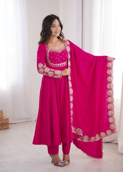 Modern Hot Pink Designer Roman Silk Gown with Heavy Micro Cotton Inner at Wholesale Rate Ready To Wear Collection