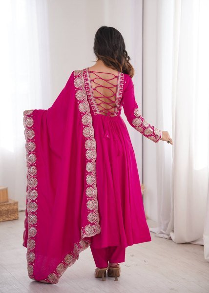 Modern Hot Pink Designer Roman Silk Gown with Heavy Micro Cotton Inner at Wholesale Rate Ready To Wear Collection