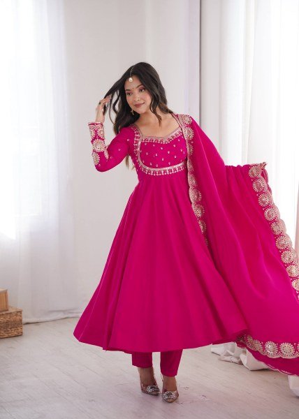 Modern Hot Pink Designer Roman Silk Gown with Heavy Micro Cotton Inner at Wholesale Rate Ready To Wear Collection