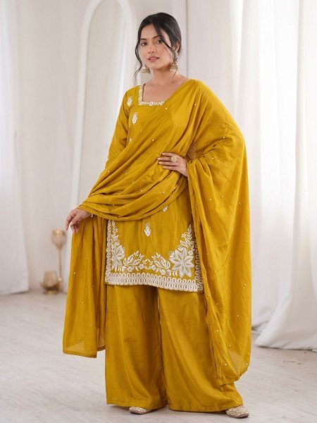 Modern Kurti Fashion Mustered YellowRoman Silk Embroidered Palazzo Suit Set With Moti Work And Dupatta  Ready To Wear Suit