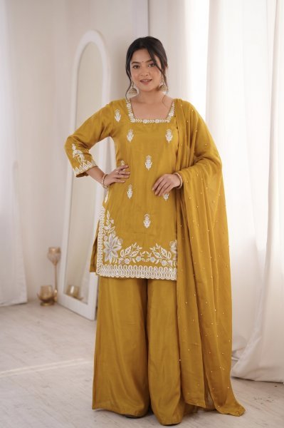 Modern Kurti Fashion Mustered YellowRoman Silk Embroidered Palazzo Suit Set With Moti Work And Dupatta  Ready To Wear Collection