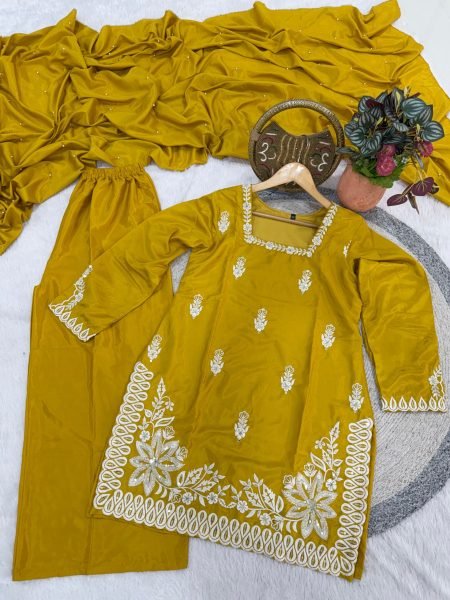 Modern Kurti Fashion Mustered YellowRoman Silk Embroidered Palazzo Suit Set With Moti Work And Dupatta  Ready To Wear Collection