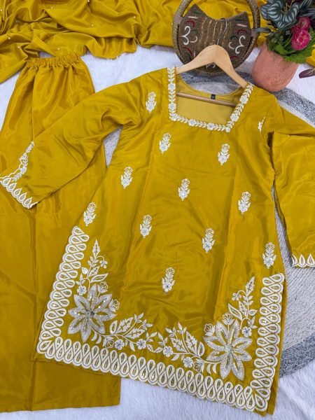 Modern Kurti Fashion Mustered YellowRoman Silk Embroidered Palazzo Suit Set With Moti Work And Dupatta  Ready To Wear Collection