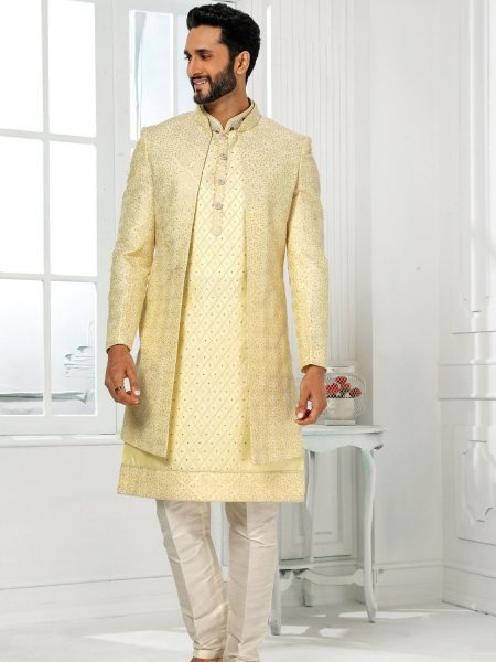 Modern Lemone Yellow Art Silk Indo Western Jacket Set for Groom and Festive Wear Mens Wear