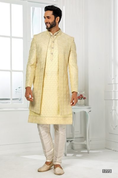 Modern Lemone Yellow Art Silk Indo Western Jacket Set for Groom and Festive Wear Kurta Pajama Wholesale