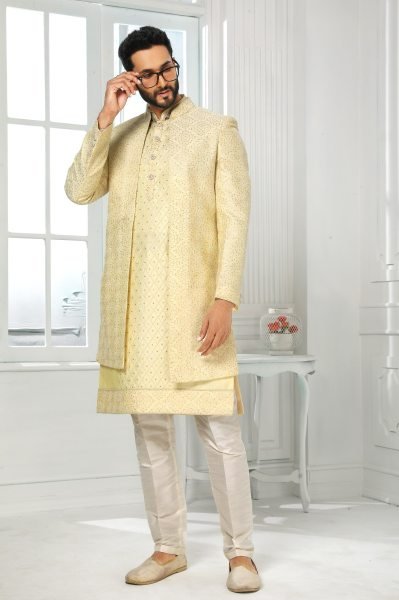 Modern Lemone Yellow Art Silk Indo Western Jacket Set for Groom and Festive Wear Kurta Pajama Wholesale