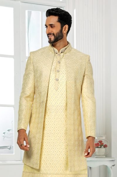 Modern Lemone Yellow Art Silk Indo Western Jacket Set for Groom and Festive Wear Kurta Pajama Wholesale