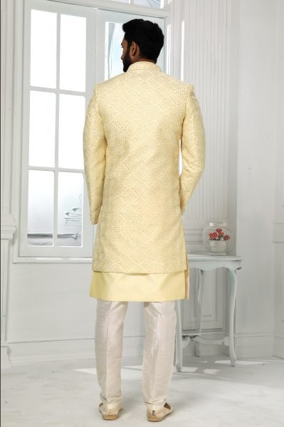 Modern Lemone Yellow Art Silk Indo Western Jacket Set for Groom and Festive Wear Kurta Pajama Wholesale