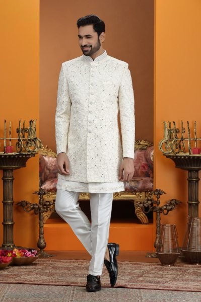Modern Light Yellow Art Silk Suit Set with Computer Thread Embroidery Work Kurta Pajama Wholesale