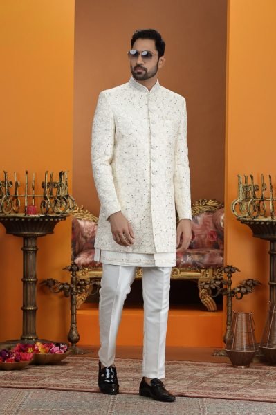 Modern Light Yellow Art Silk Suit Set with Computer Thread Embroidery Work Kurta Pajama Wholesale