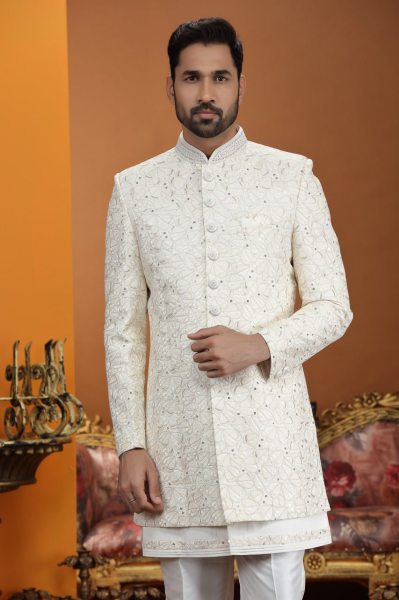 Modern Light Yellow Art Silk Suit Set with Computer Thread Embroidery Work Kurta Pajama Wholesale