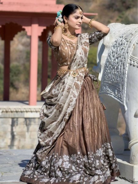 Regal Grace Printed Silk Half Saree Set with Heavy Flare & Traditional Charm  Lehenga