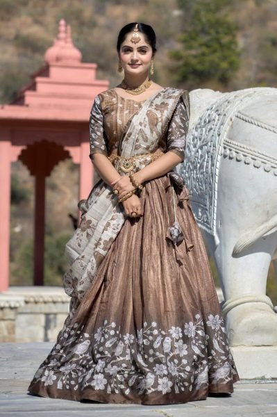 Regal Grace Printed Silk Half Saree Set with Heavy Flare & Traditional Charm Half Saree Lehenga