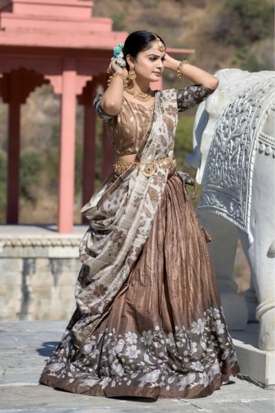 Regal Grace Printed Silk Half Saree Set with Heavy Flare & Traditional Charm Half Saree Lehenga